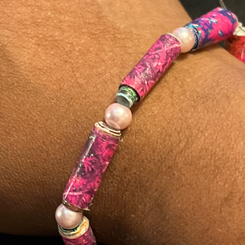 Pink and Purple Beaded Hand Created Stretchy Bracelet